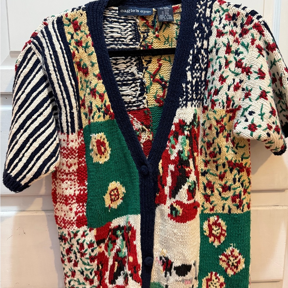 Vintage Eagles Eye Hand Knit Patchwork Short Sleeve Cardigan Sweater Womens M